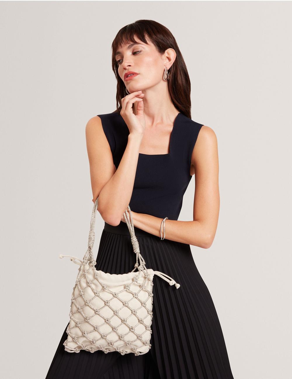 Ted Baker KYLISA - Crystal Cage Top Handle Canvas Buckettas Dames Zilver | Belgium  750416-FKJ