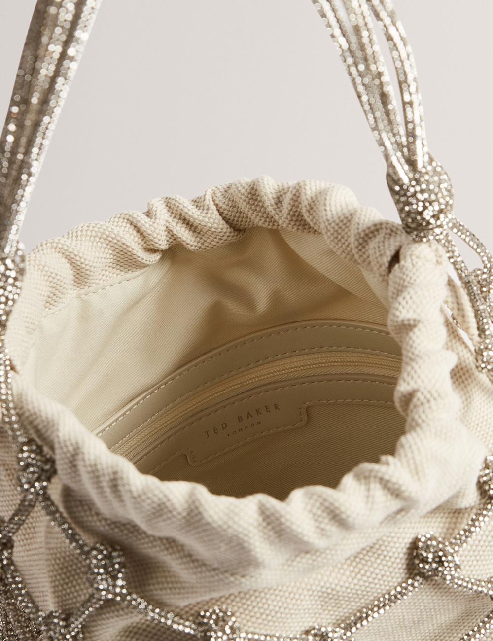 Ted Baker KYLISA - Crystal Cage Top Handle Canvas Buckettas Dames Zilver | Belgium  750416-FKJ