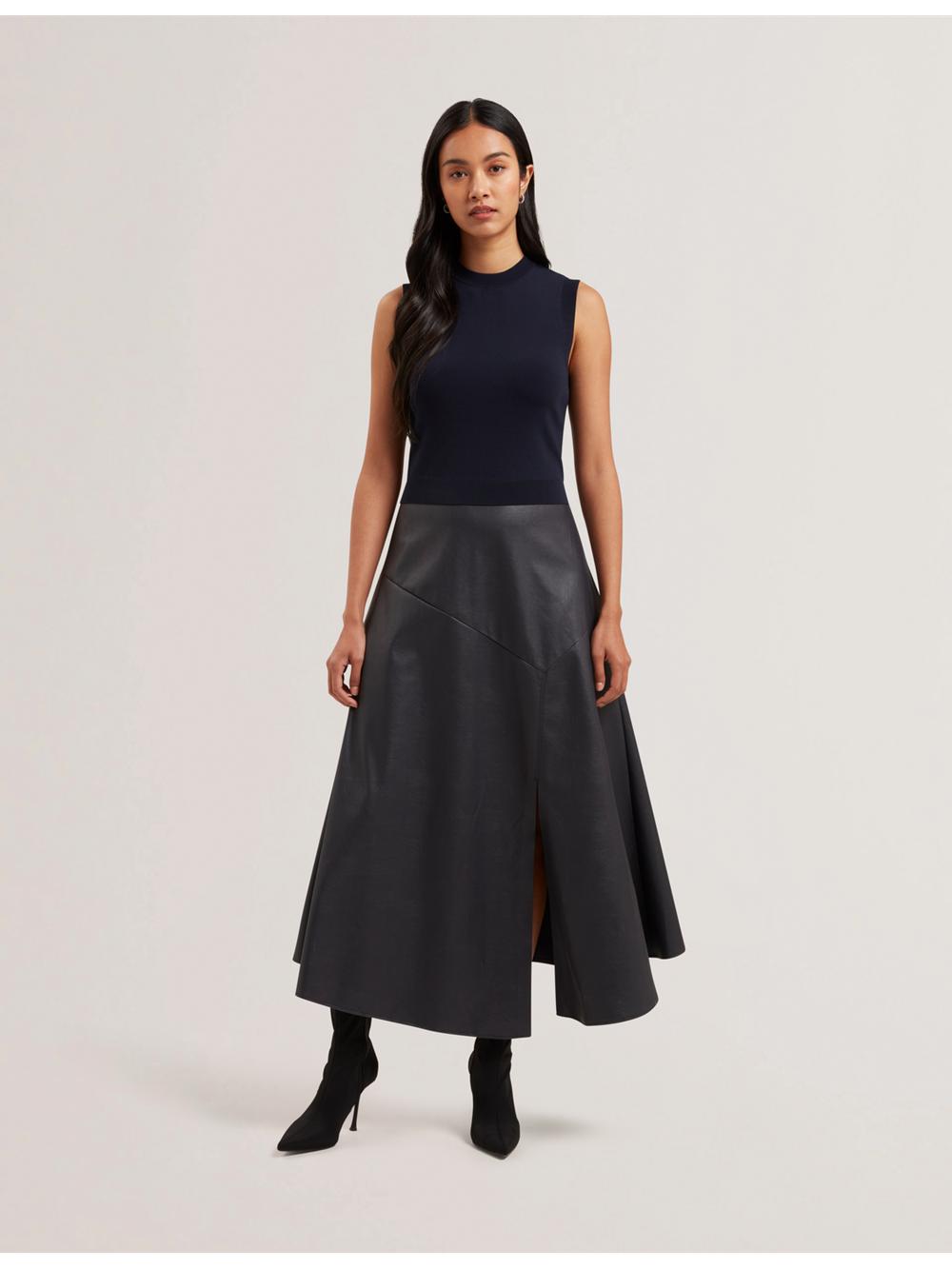 Ted Baker LABASA - Sleeveless Knit Faux Leather Midi-jurk Dames Donkerblauw | Belgium  769304-VNH