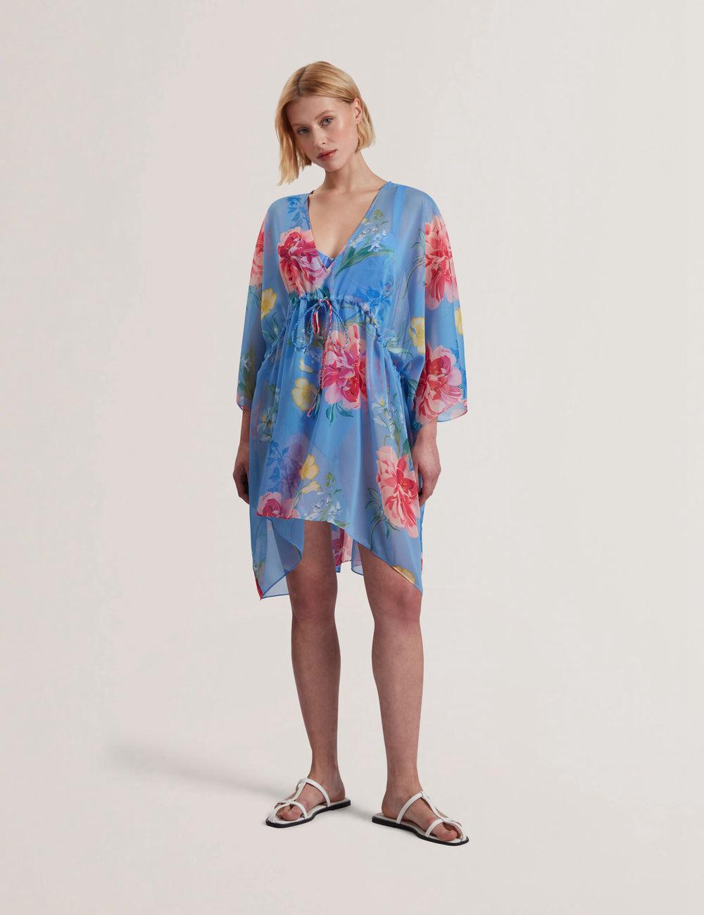 Ted Baker LARJA - Floral Print Chiffon Mini Beach Kaftan Cover-ups Dames Blauw | Belgium  813640-UHL