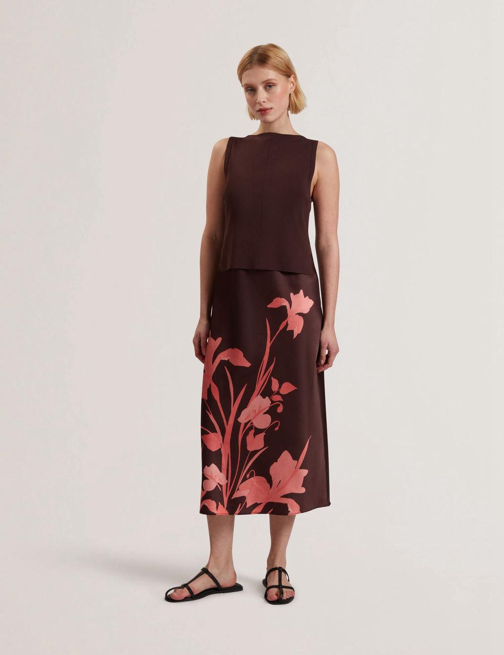Ted Baker LATTENA - Printed Satin With Removable Tank Midi-jurk Dames Bruin | Belgium  147092-NPK