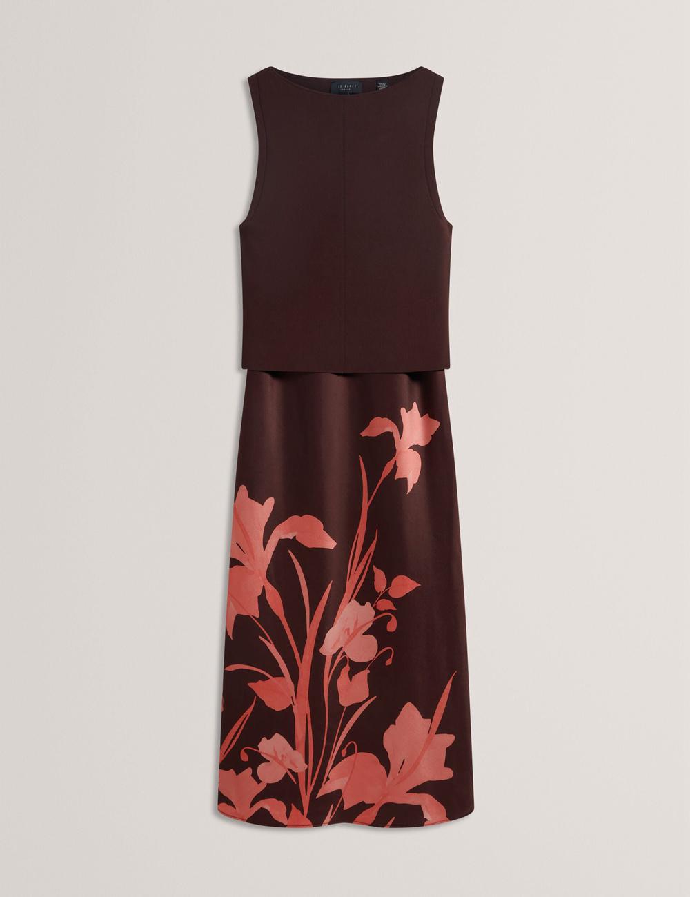 Ted Baker LATTENA - Printed Satin With Removable Tank Midi-jurk Dames Bruin | Belgium  147092-NPK