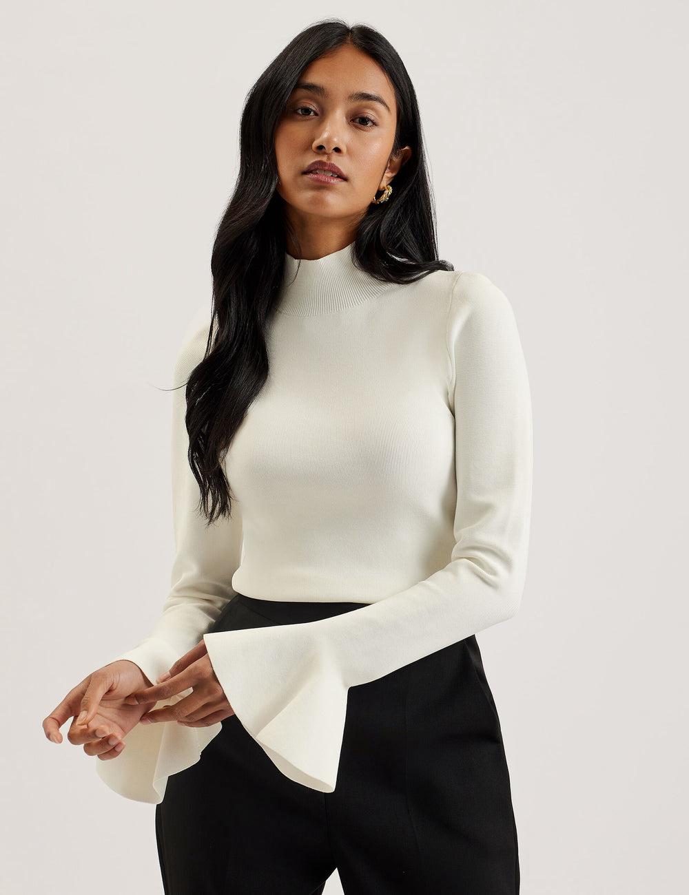 Ted Baker LAYNHA - Flared Sleeve High Neck Knitted Top Jumpers Dames Ivory | Belgium  120347-YIX