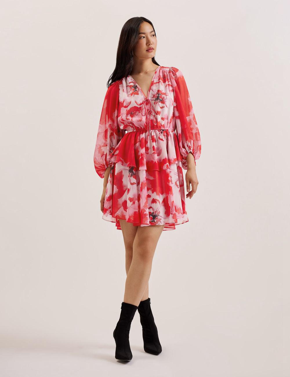 Ted Baker LEYNA - Floral Chiffon Front Mini-jurk Dames Rood | Belgium  167405-BCA