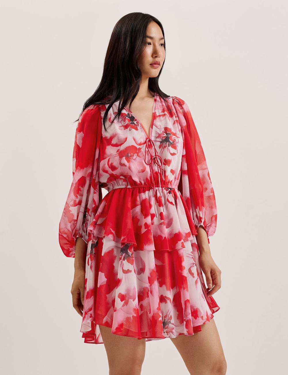Ted Baker LEYNA - Floral Chiffon Front Mini-jurk Dames Rood | Belgium  167405-BCA