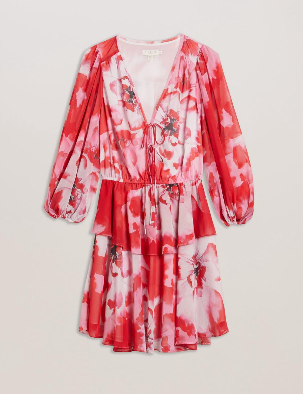 Ted Baker LEYNA - Floral Chiffon Front Mini-jurk Dames Rood | Belgium  167405-BCA
