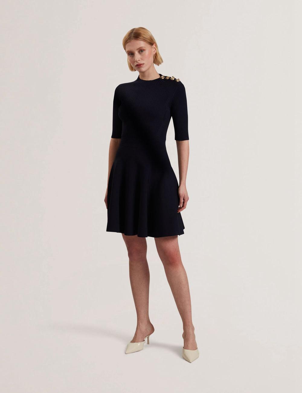 Ted Baker LILANO - Ribbed Knit Skater With Rose Buttons Mini-jurk Dames Donkerblauw | Belgium  705964-GBL