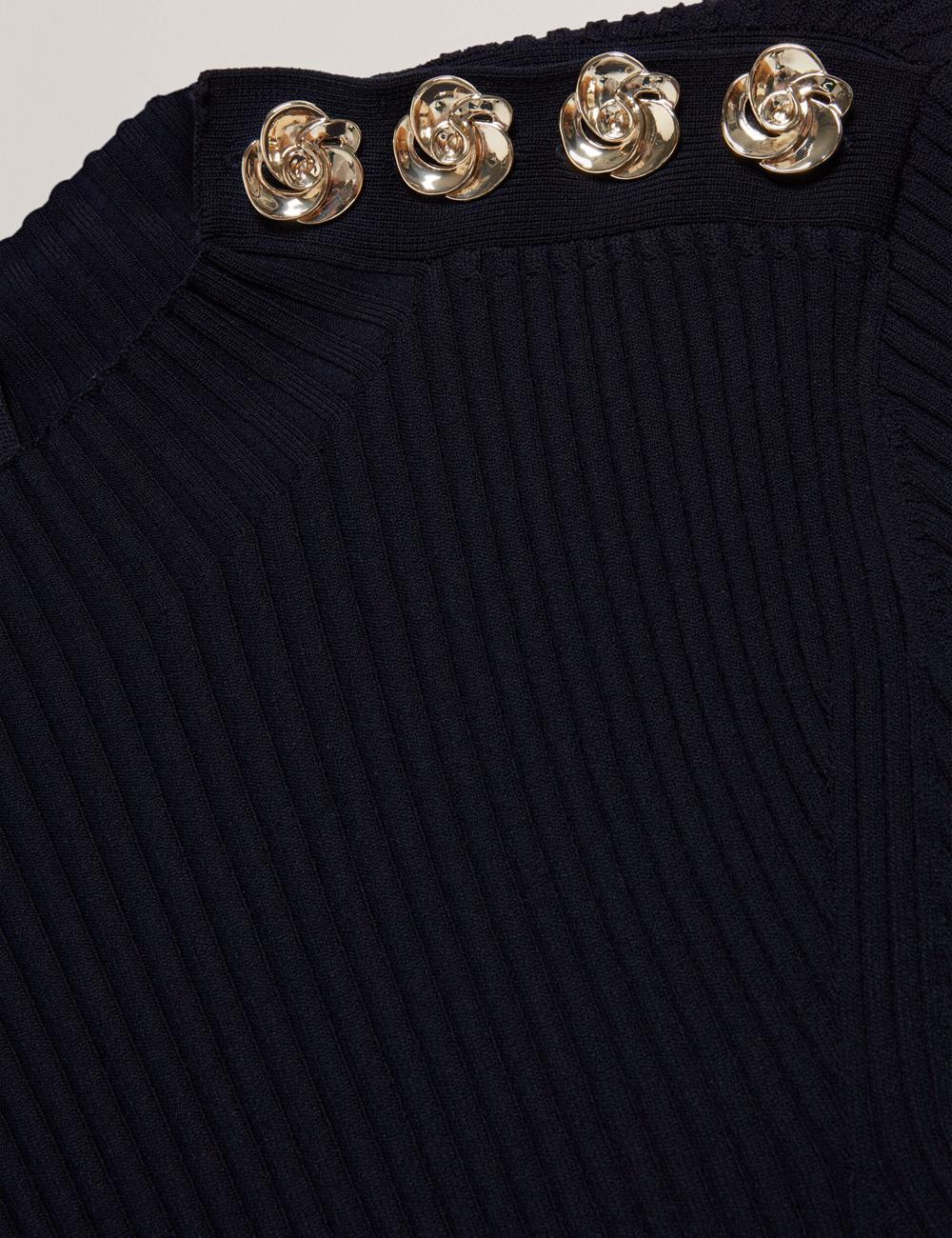 Ted Baker LILANO - Ribbed Knit Skater With Rose Buttons Mini-jurk Dames Donkerblauw | Belgium  705964-GBL