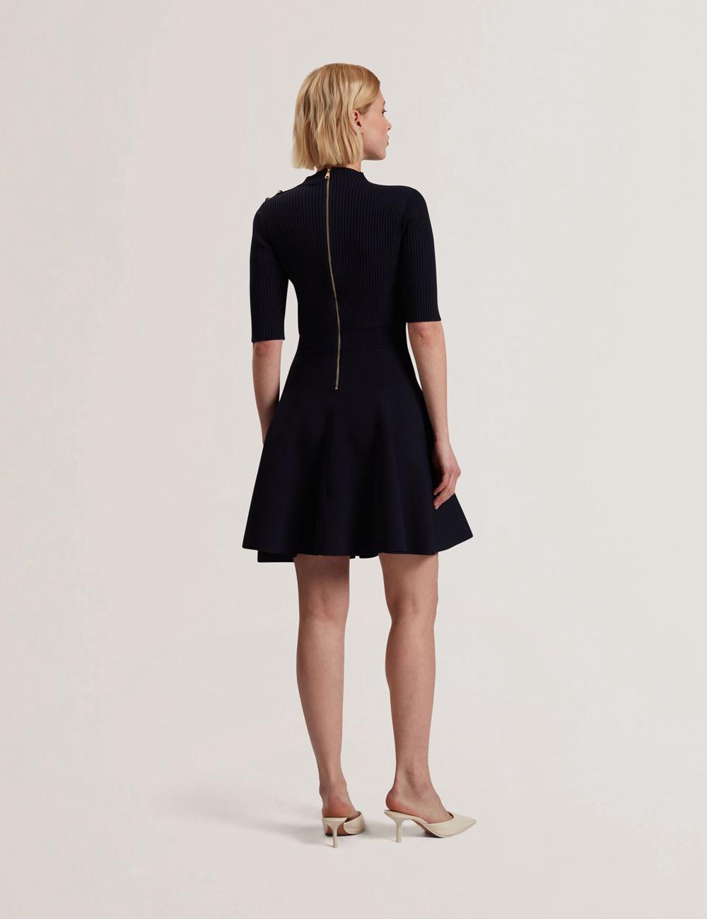 Ted Baker LILANO - Ribbed Knit Skater With Rose Buttons Mini-jurk Dames Donkerblauw | Belgium  705964-GBL