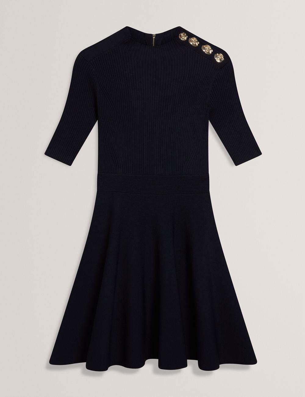 Ted Baker LILANO - Ribbed Knit Skater With Rose Buttons Mini-jurk Dames Donkerblauw | Belgium  705964-GBL