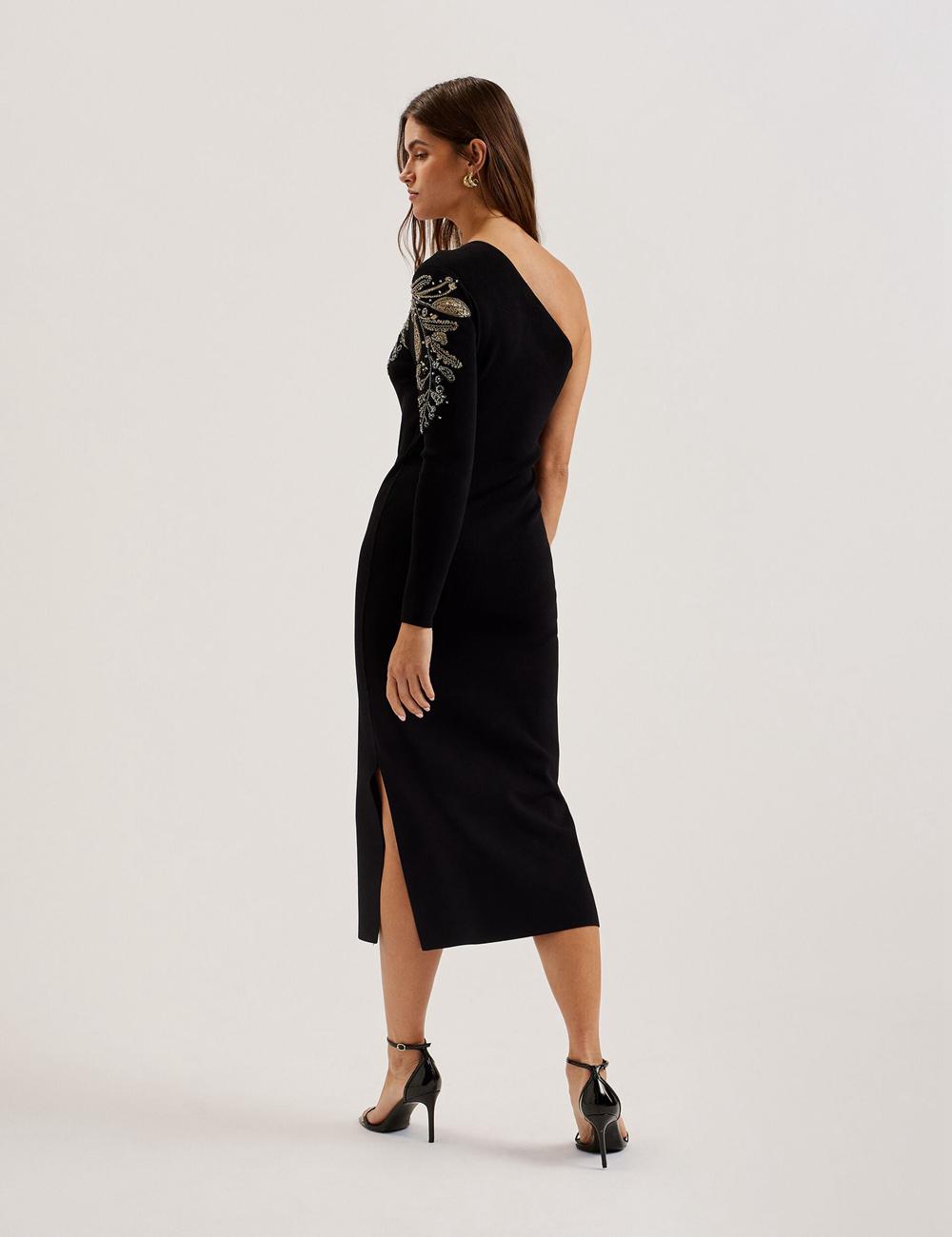 Ted Baker LIZYYY - One Shoulder Embellished Knit Midi-jurk Dames Zwart | Belgium  591460-SJD