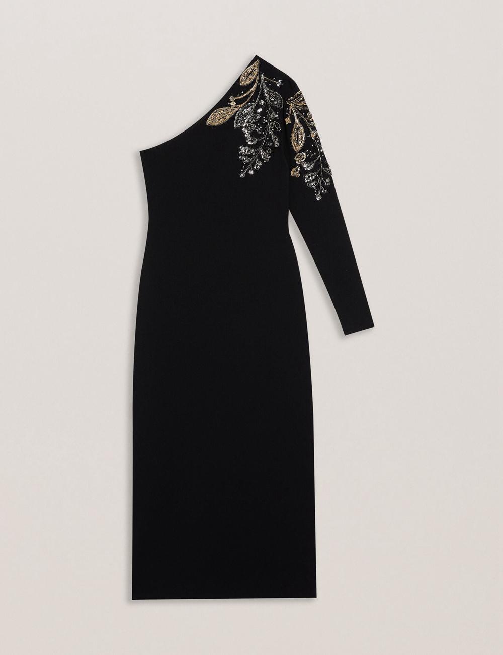 Ted Baker LIZYYY - One Shoulder Embellished Knit Midi-jurk Dames Zwart | Belgium  591460-SJD