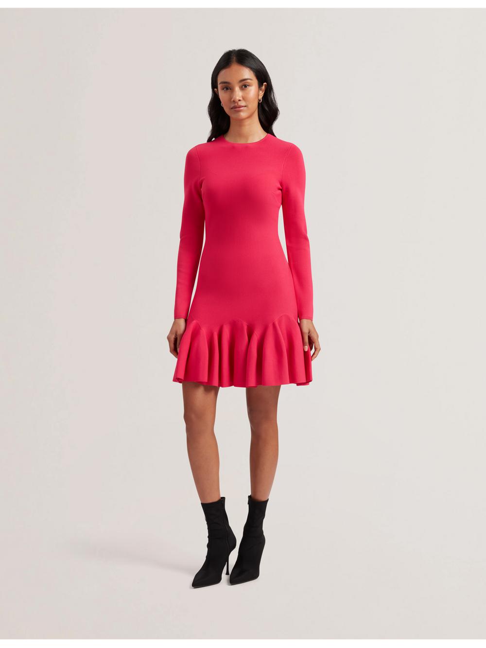 Ted Baker LOISSS - Flounce Hem Long Sleeve Knitted Mini-jurk Dames Fuchsie | Belgium  986307-ULP