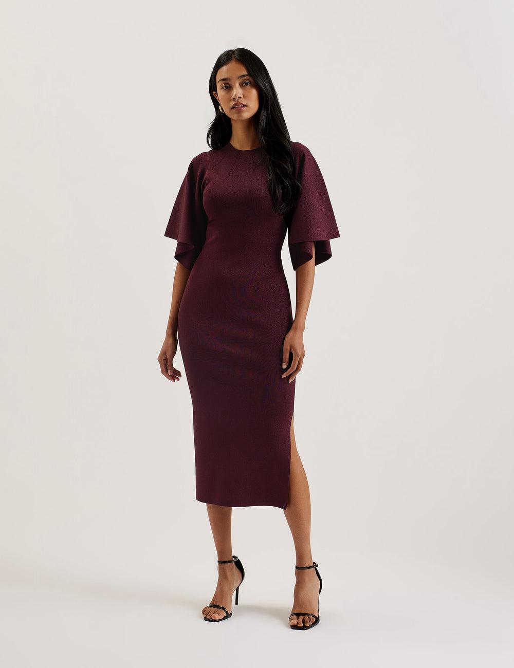 Ted Baker LOUANAA - Metallic Knit Fluted Sleeve Midi-jurk Dames Rood | Belgium  857923-NOF