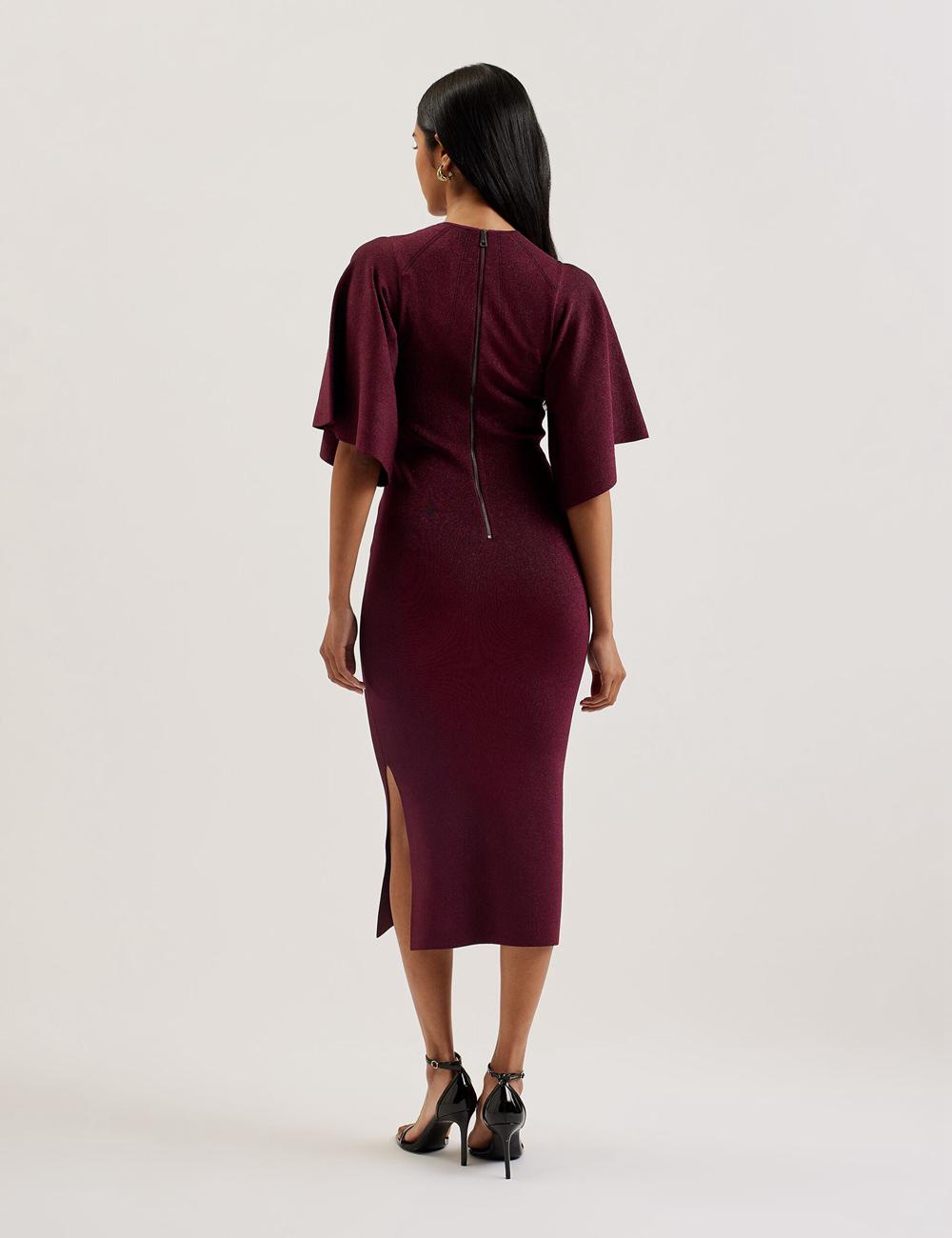 Ted Baker LOUANAA - Metallic Knit Fluted Sleeve Midi-jurk Dames Rood | Belgium  857923-NOF