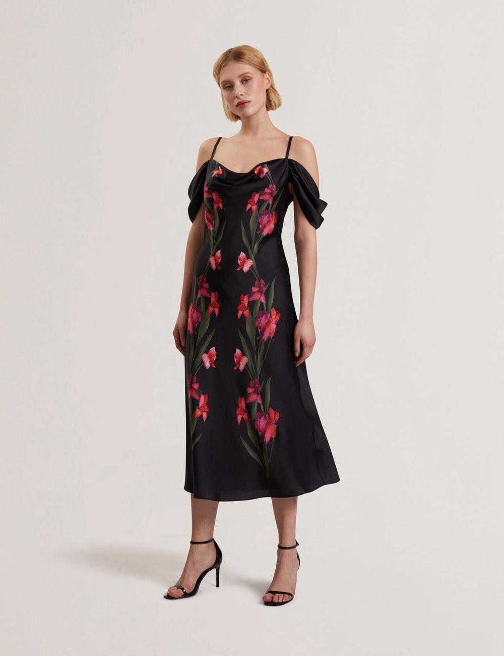 Ted Baker LUCERN - Floral Satin Off Shoulder Bias Midi-jurk Dames Zwart | Belgium  632957-XRZ