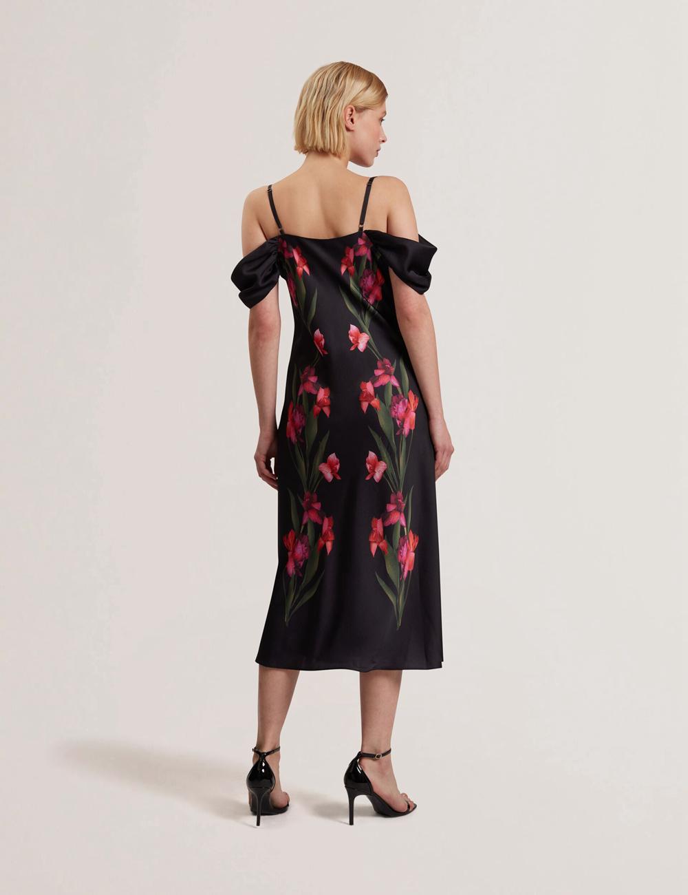 Ted Baker LUCERN - Floral Satin Off Shoulder Bias Midi-jurk Dames Zwart | Belgium  632957-XRZ