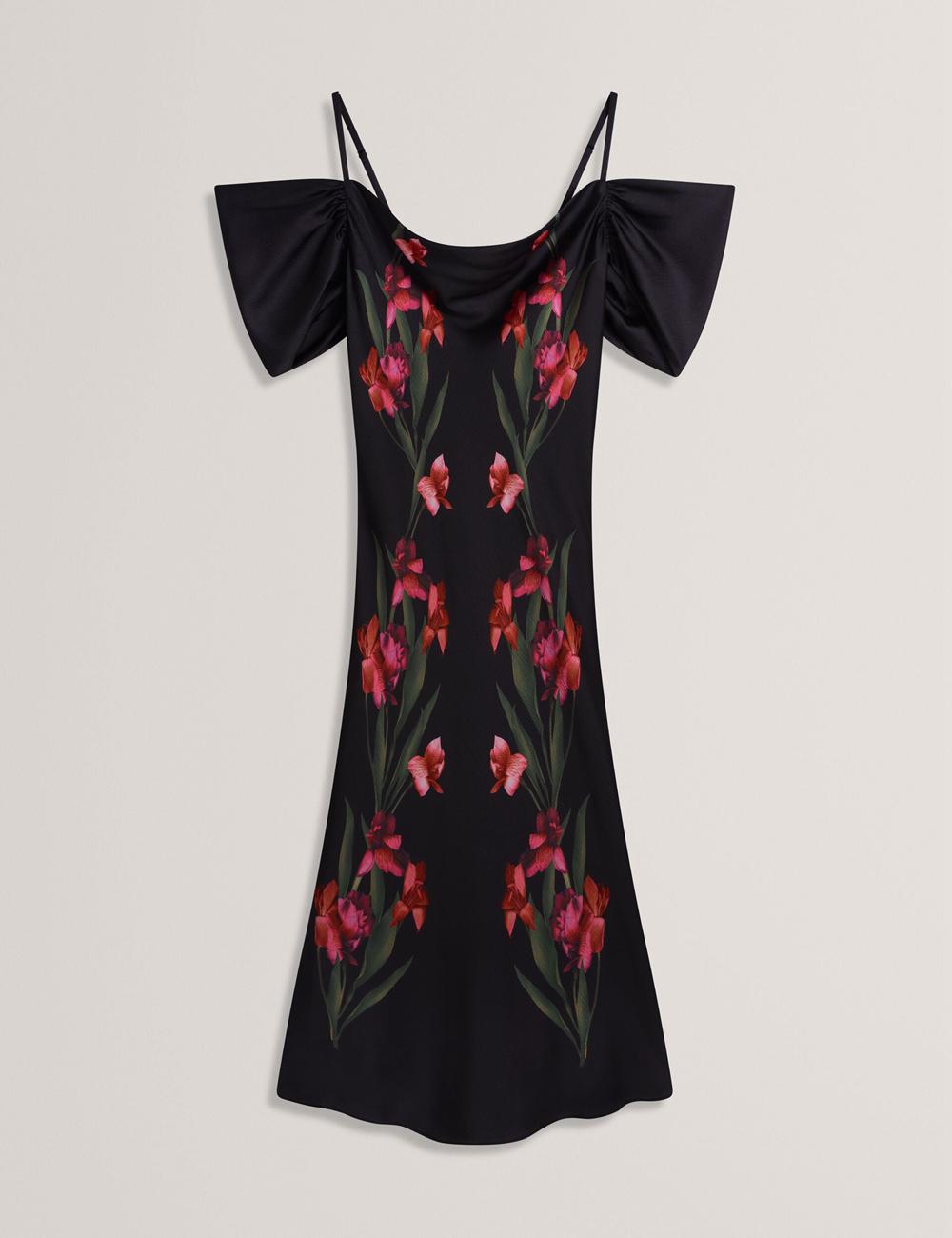 Ted Baker LUCERN - Floral Satin Off Shoulder Bias Midi-jurk Dames Zwart | Belgium  632957-XRZ