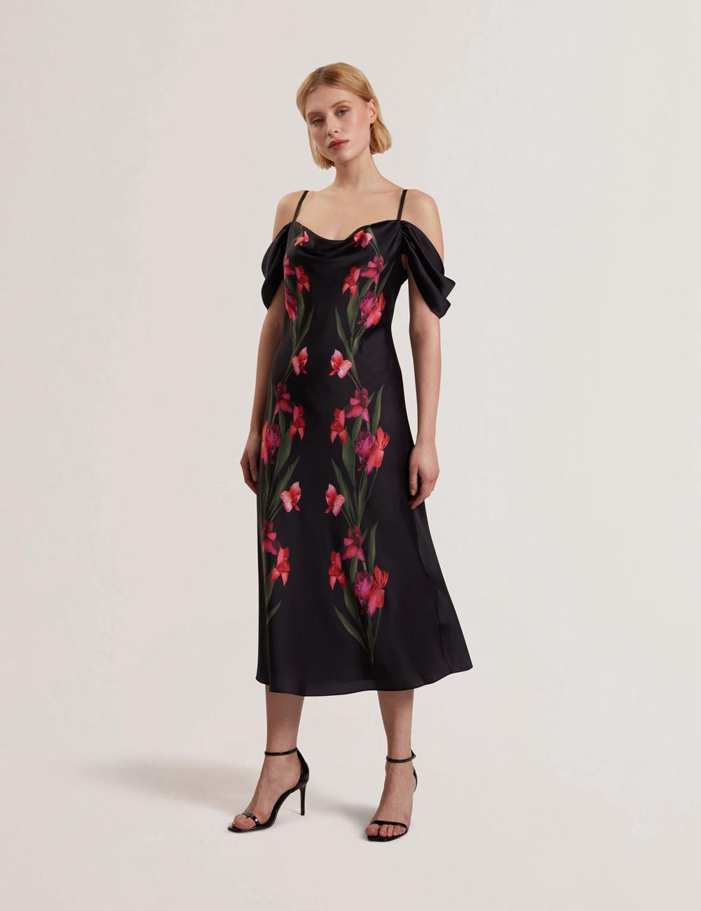 Ted Baker LUCERN - Floral Satin Off Shoulder Bias Midi-jurk Dames Zwart | Belgium  632957-XRZ