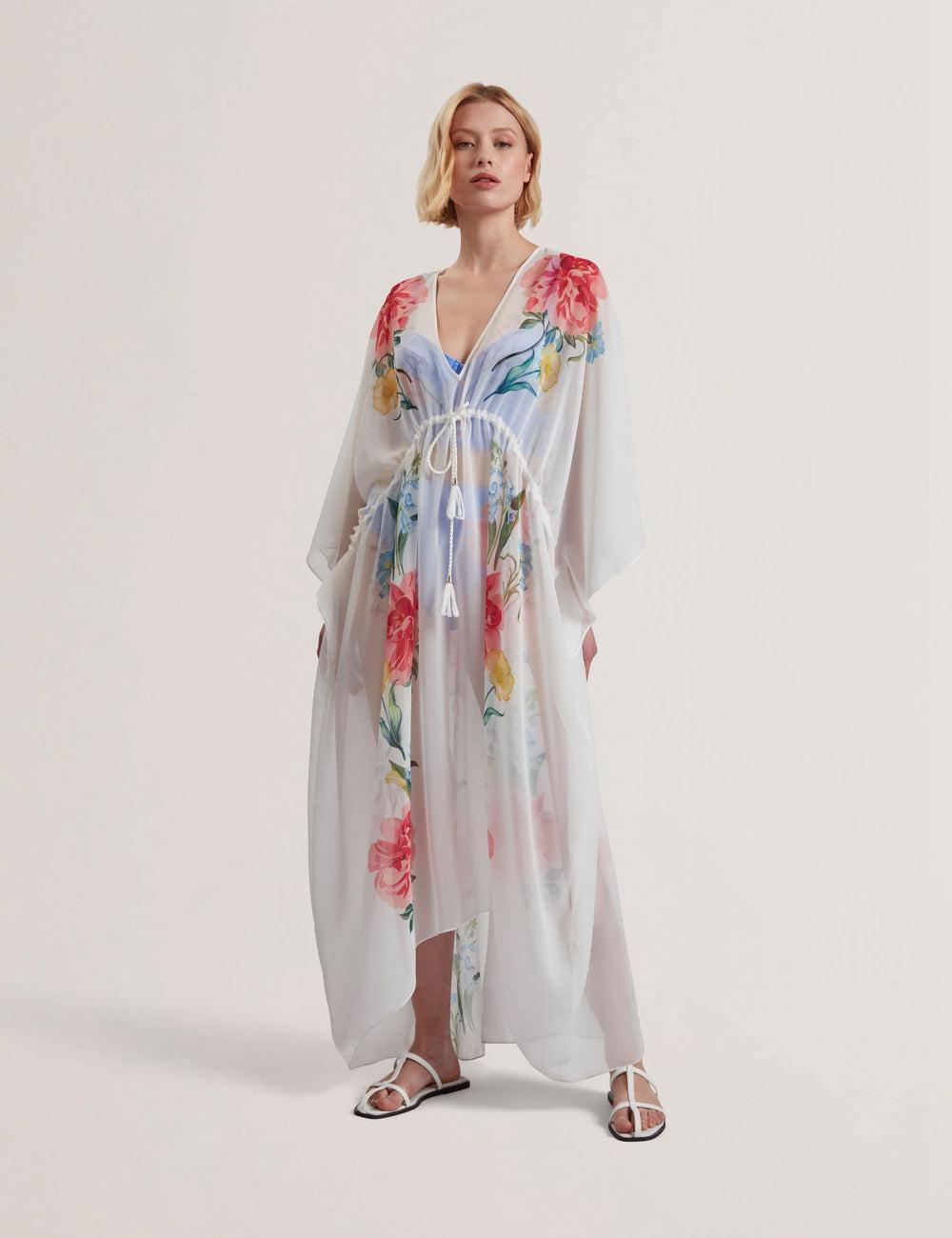 Ted Baker LUUSAA - Floral V-Neck Maxi Kaftan Beach Dress Cover-ups Dames Wit | Belgium  265741-QZD