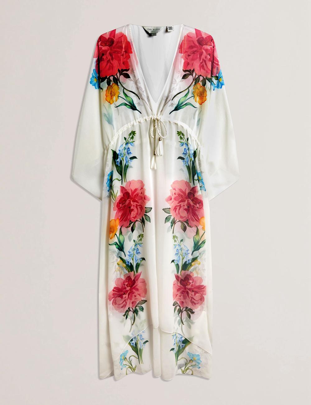 Ted Baker LUUSAA - Floral V-Neck Maxi Kaftan Beach Dress Cover-ups Dames Wit | Belgium  265741-QZD