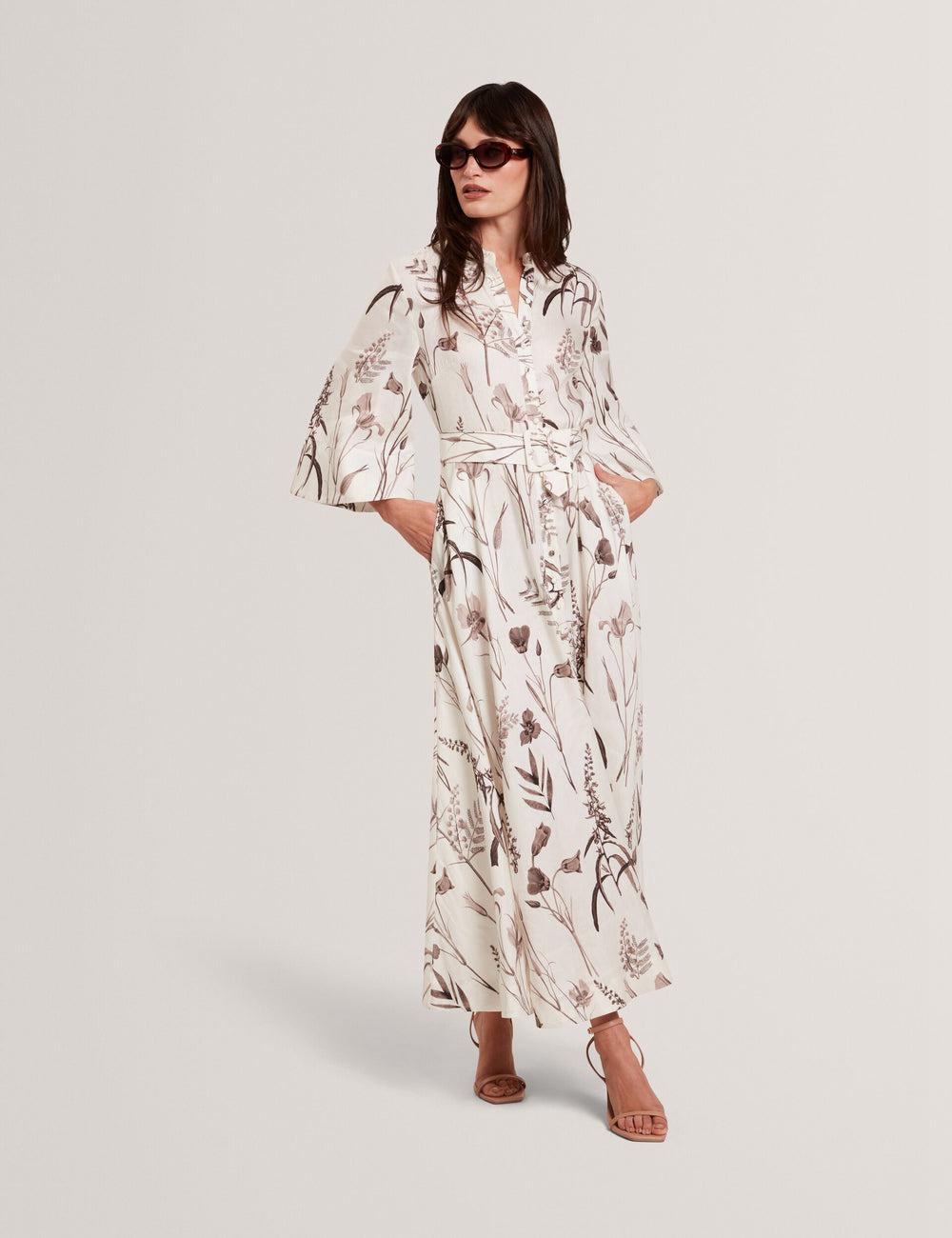 Ted Baker LUWISA - Floral Linen Silk Belted Midi Shirt Midi-jurk Dames Ivory | Belgium  385062-ZNF