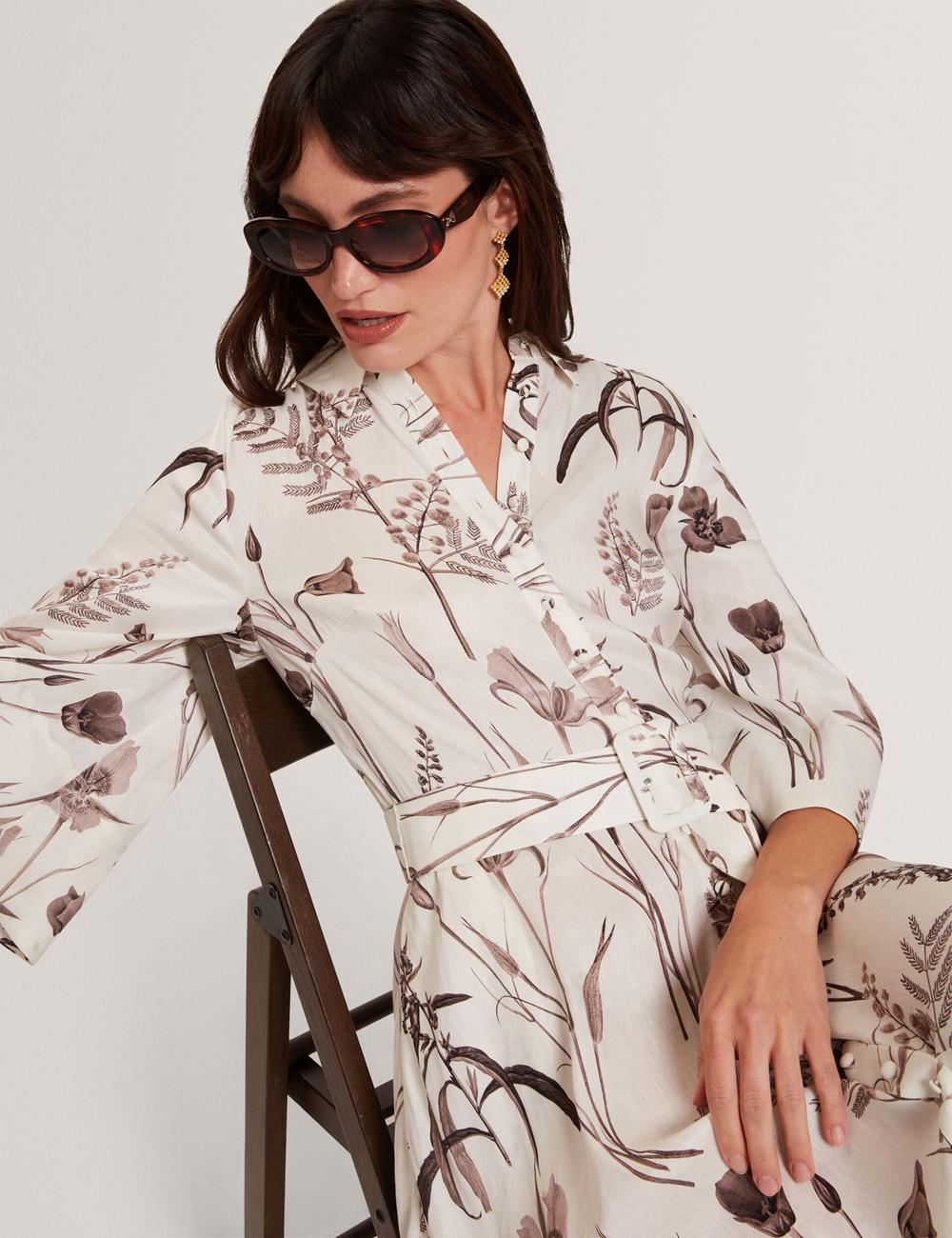 Ted Baker LUWISA - Floral Linen Silk Belted Midi Shirt Midi-jurk Dames Ivory | Belgium  385062-ZNF