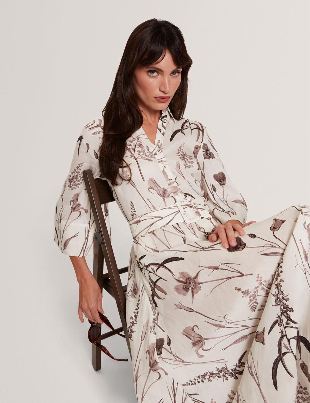 Ted Baker LUWISA - Floral Linen Silk Belted Midi Shirt Midi-jurk Dames Ivory | Belgium  385062-ZNF