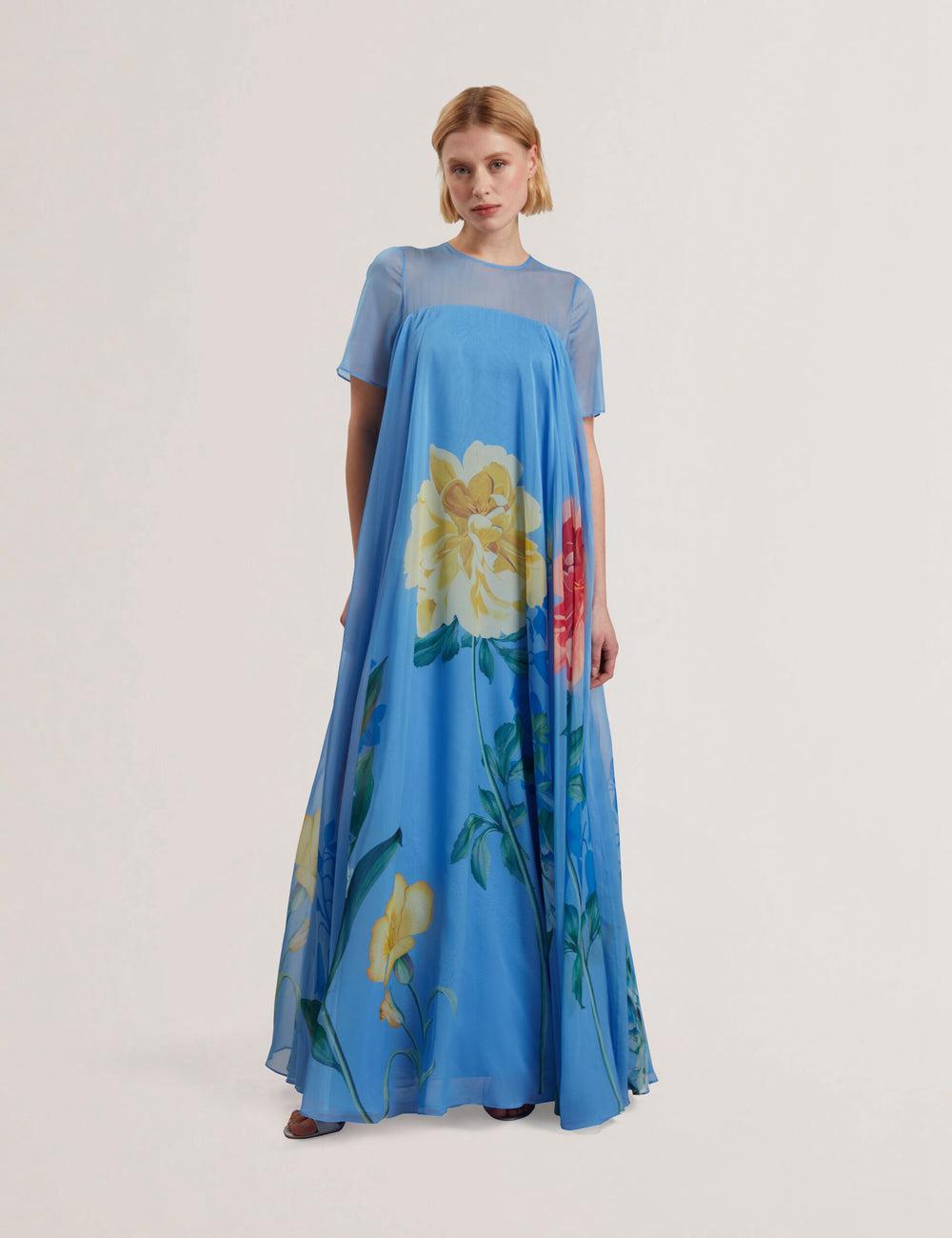 Ted Baker MALRIE - Sheer Neck Floral Trapeze Maxi Jurk Dames Blauw | Belgium  173962-HMI