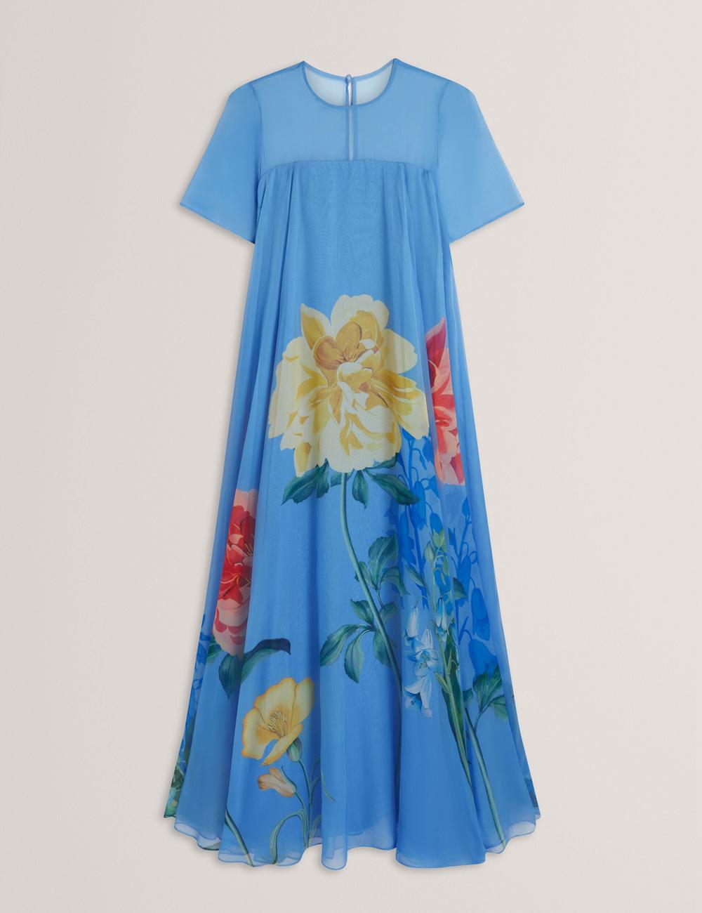 Ted Baker MALRIE - Sheer Neck Floral Trapeze Maxi Jurk Dames Blauw | Belgium  173962-HMI