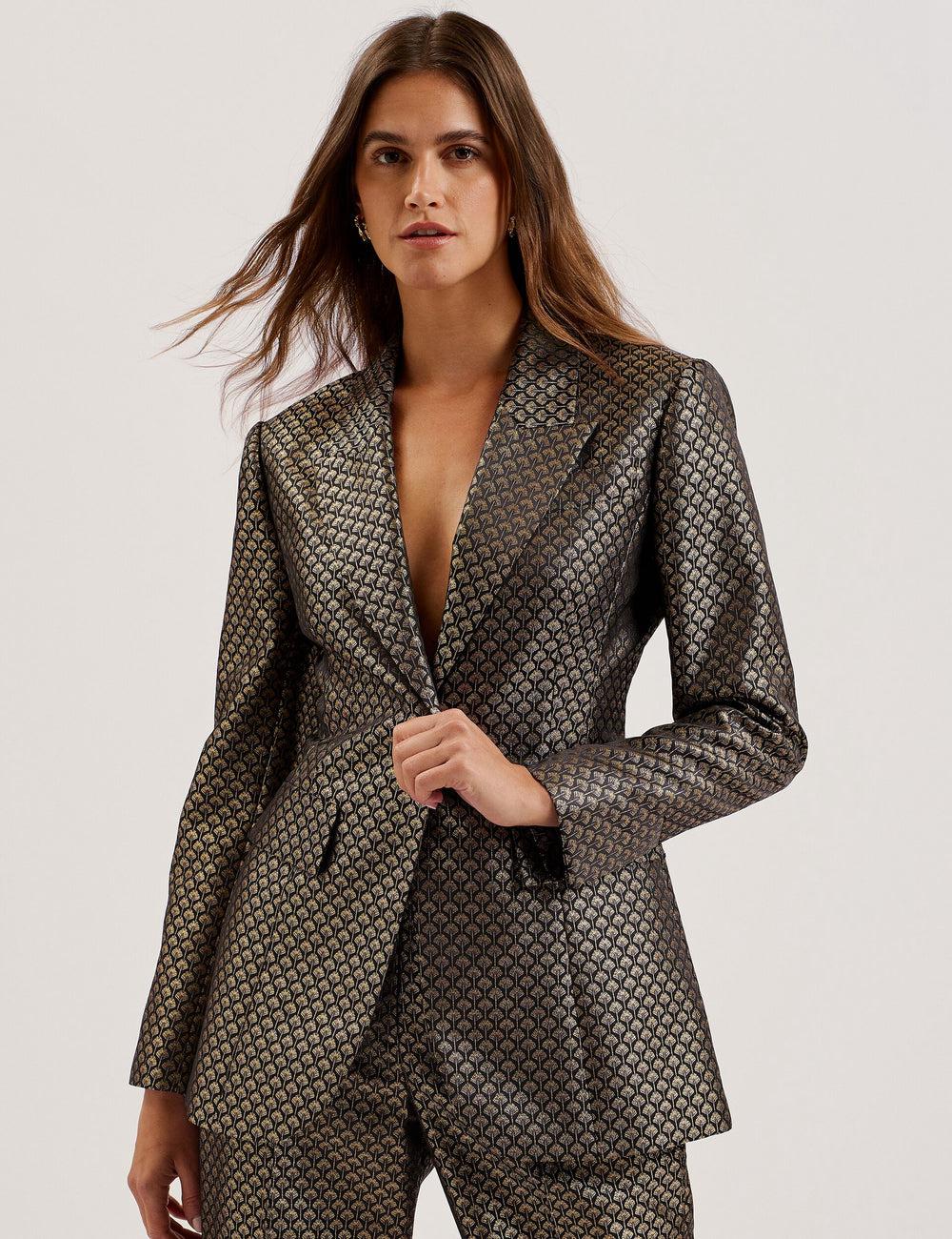 Ted Baker MANGU - Tailored Metallic Jacquard Fitted Blazer Dames Zwart | Belgium  670825-ZYH