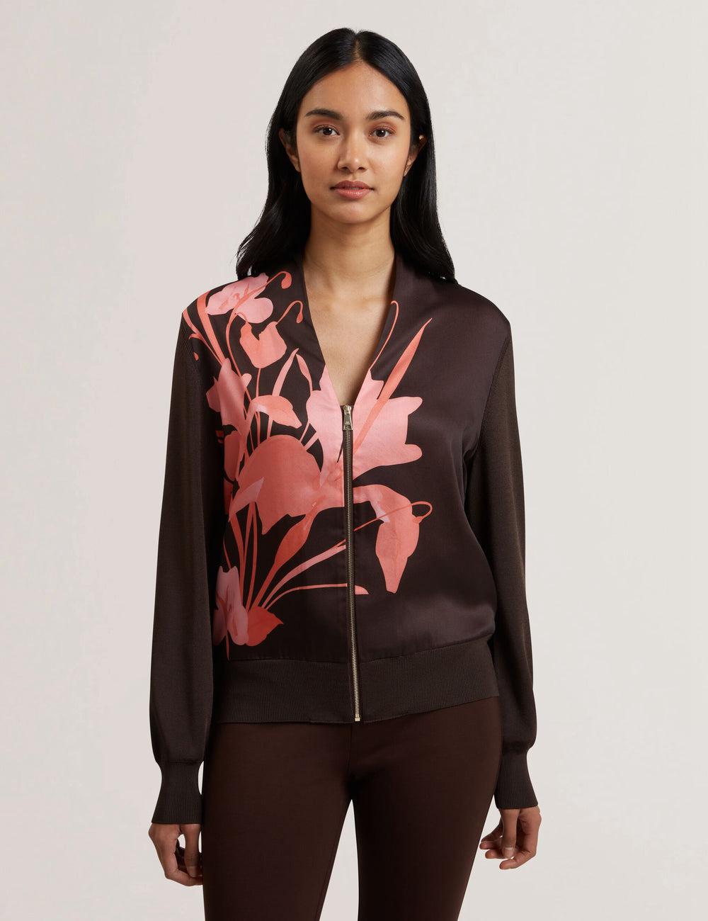Ted Baker MATIINA - Printed Front Zip-Up Bomber Cardigan Dames Bruin | Belgium  940621-ZXL