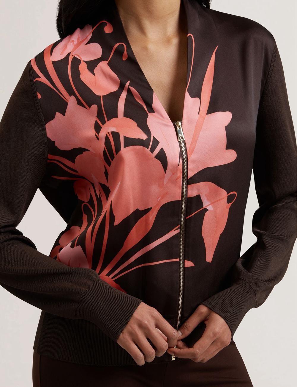 Ted Baker MATIINA - Printed Front Zip-Up Bomber Cardigan Dames Bruin | Belgium  940621-ZXL