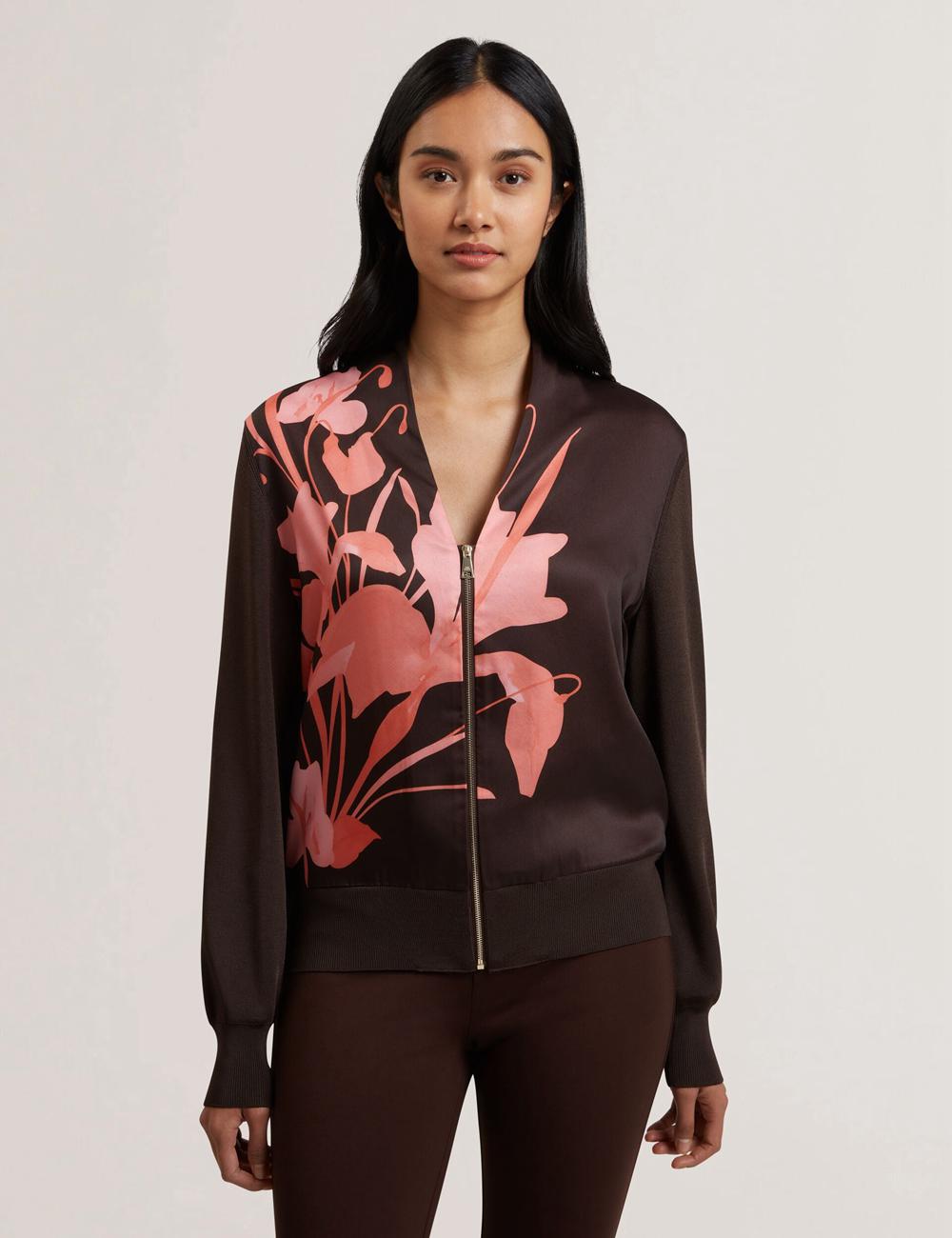 Ted Baker MATIINA - Printed Front Zip-Up Bomber Cardigan Dames Bruin | Belgium  940621-ZXL