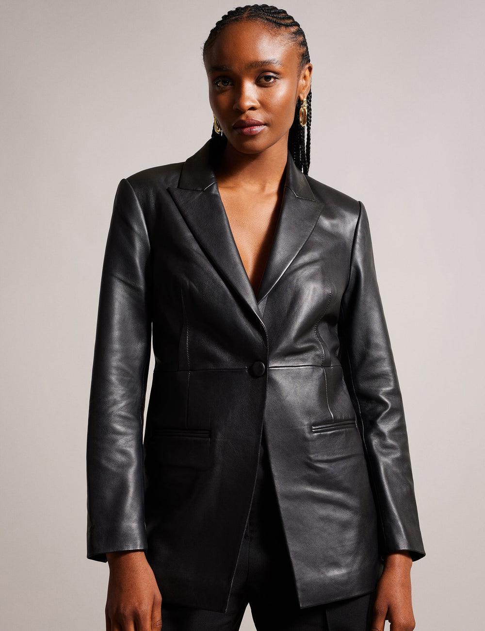 Ted Baker MELLIIE - Longline Single Breasted Leather Blazer Dames Zwart | Belgium  650184-HKA
