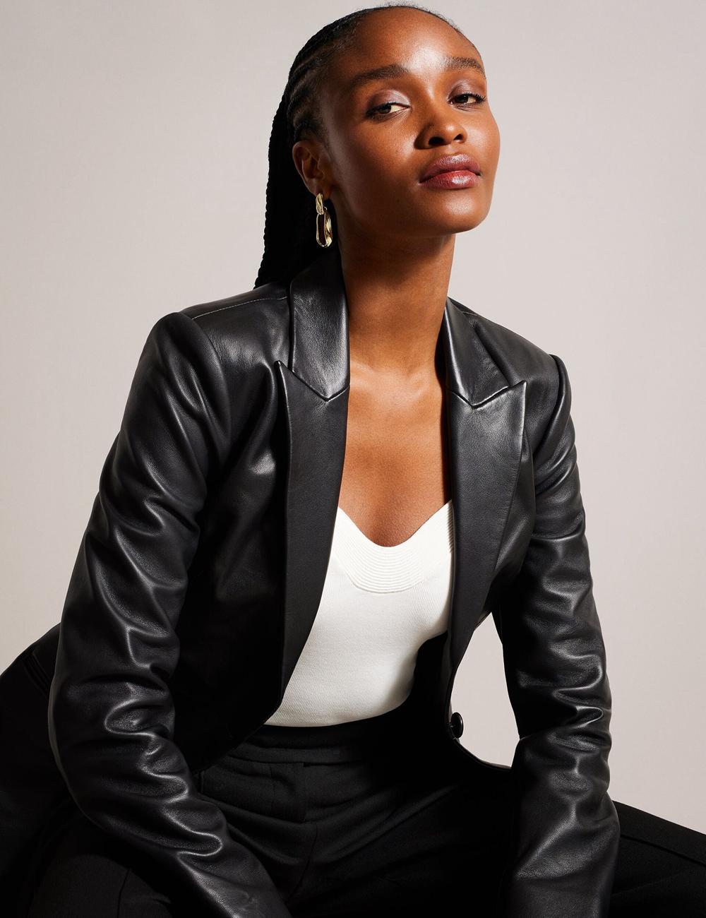 Ted Baker MELLIIE - Longline Single Breasted Leather Blazer Dames Zwart | Belgium  650184-HKA
