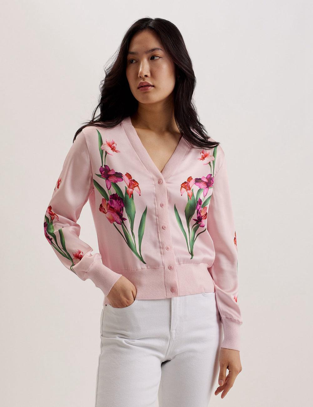 Ted Baker MERALLL - Floral Woven Front V-Neck Cardigan Dames Roze | Belgium  530724-FRN