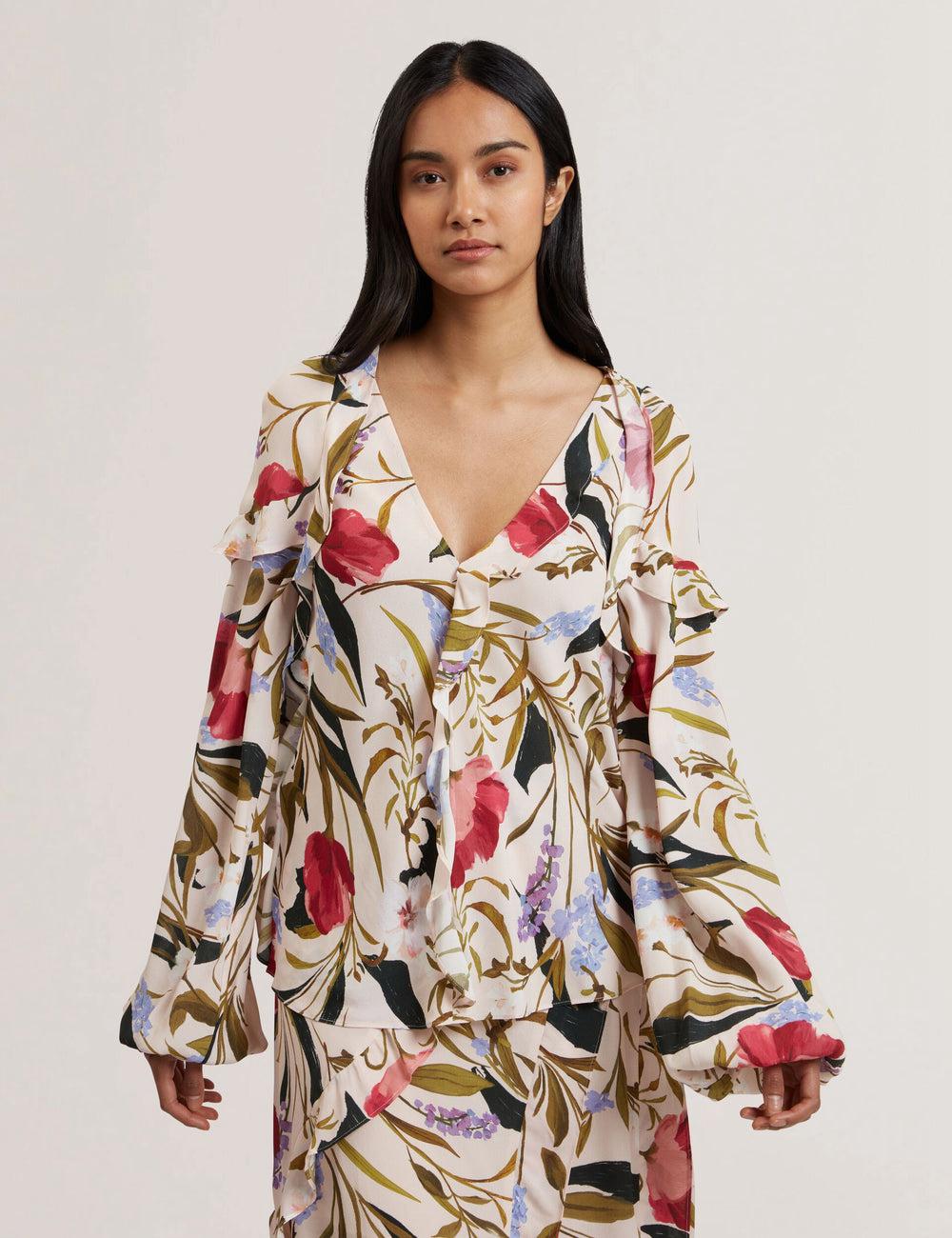 Ted Baker MINASA - Floral Print Frill Trim Long Sleeve Blouse Dames Roze | Belgium  178632-YHK