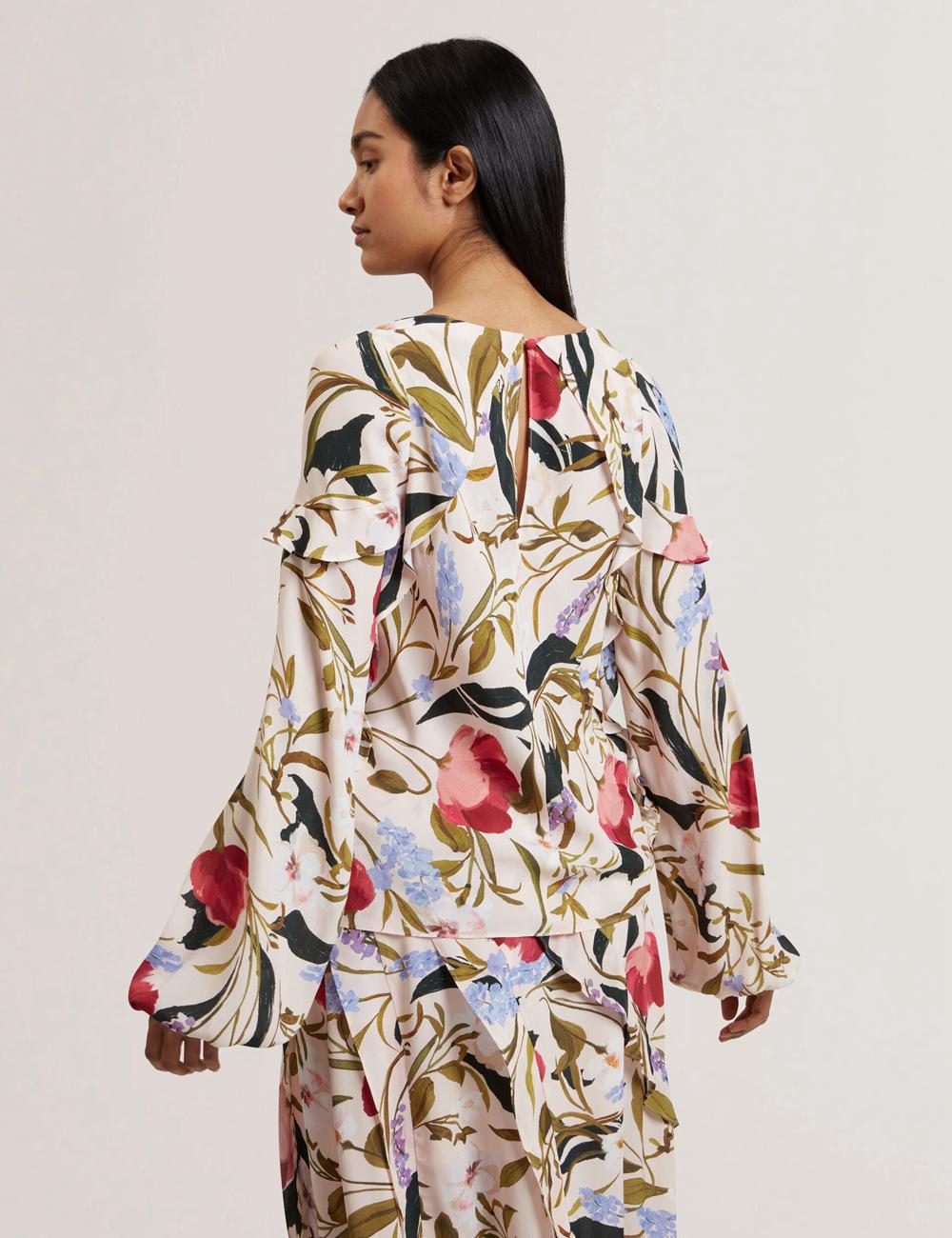 Ted Baker MINASA - Floral Print Frill Trim Long Sleeve Blouse Dames Roze | Belgium  178632-YHK