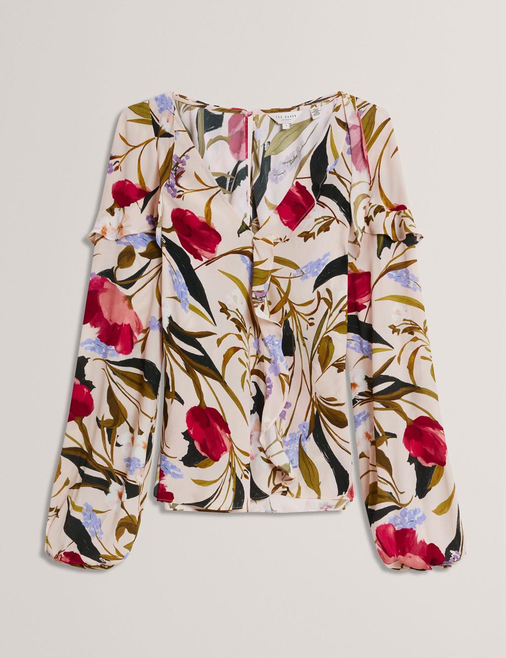 Ted Baker MINASA - Floral Print Frill Trim Long Sleeve Blouse Dames Roze | Belgium  178632-YHK