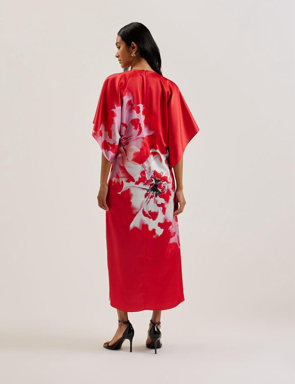 Ted Baker NASINU - Printed Satin Batwing Sleeve Midi-jurk Dames Rood | Belgium  853749-EBL