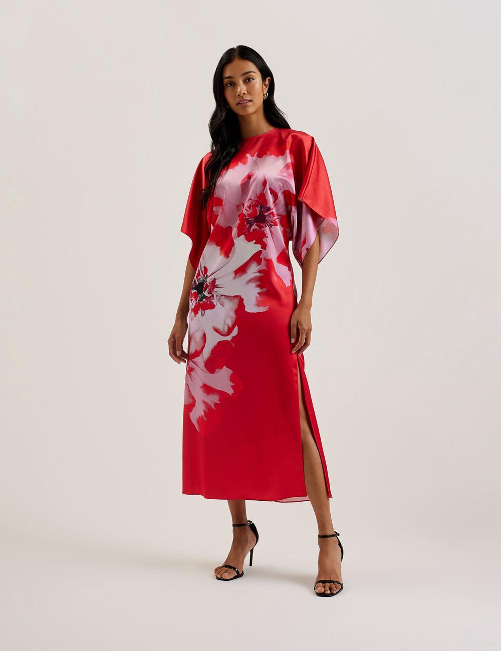 Ted Baker NASINU - Printed Satin Batwing Sleeve Midi-jurk Dames Rood | Belgium  853749-EBL