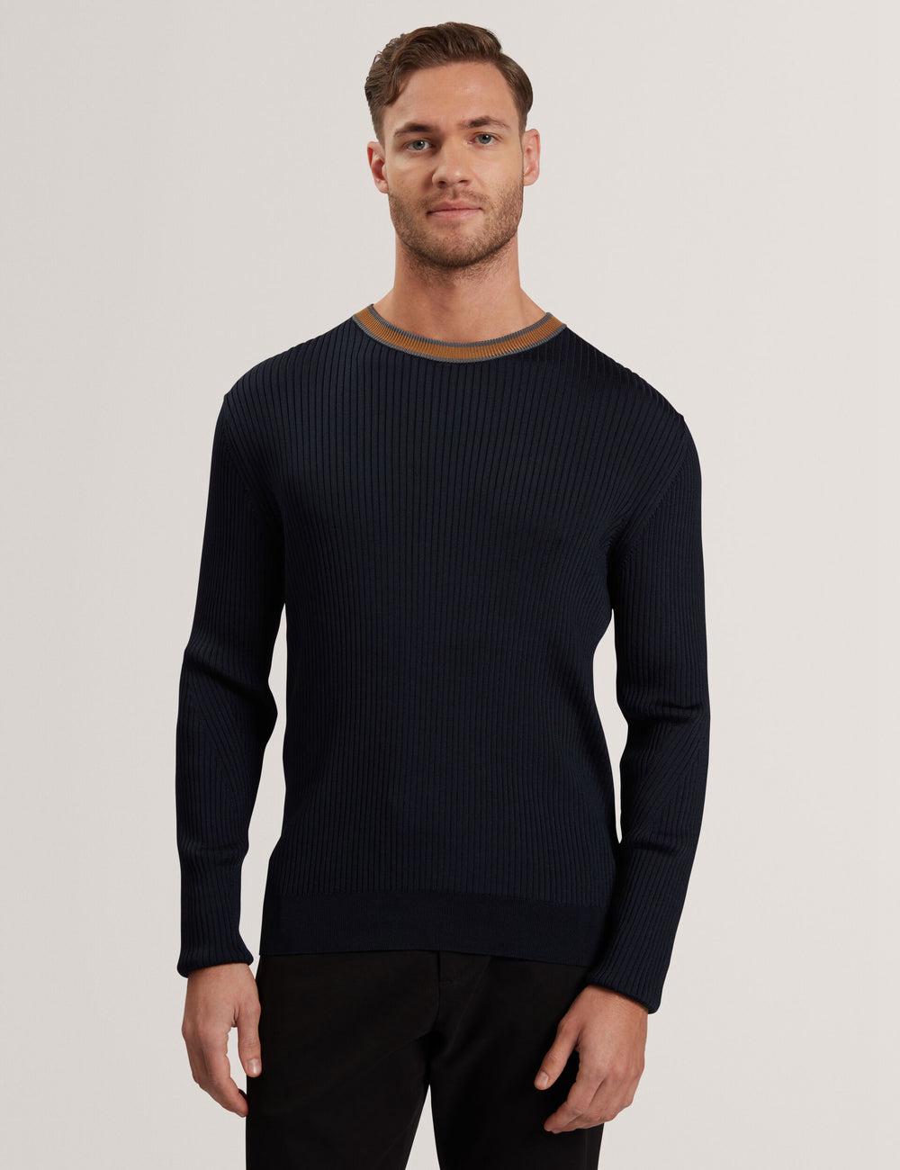 Ted Baker NAYOR - Long Sleeve Rayon Ribbed Crew Neck Jumpers Heren Donkerblauw | Belgium  479356-ZWR