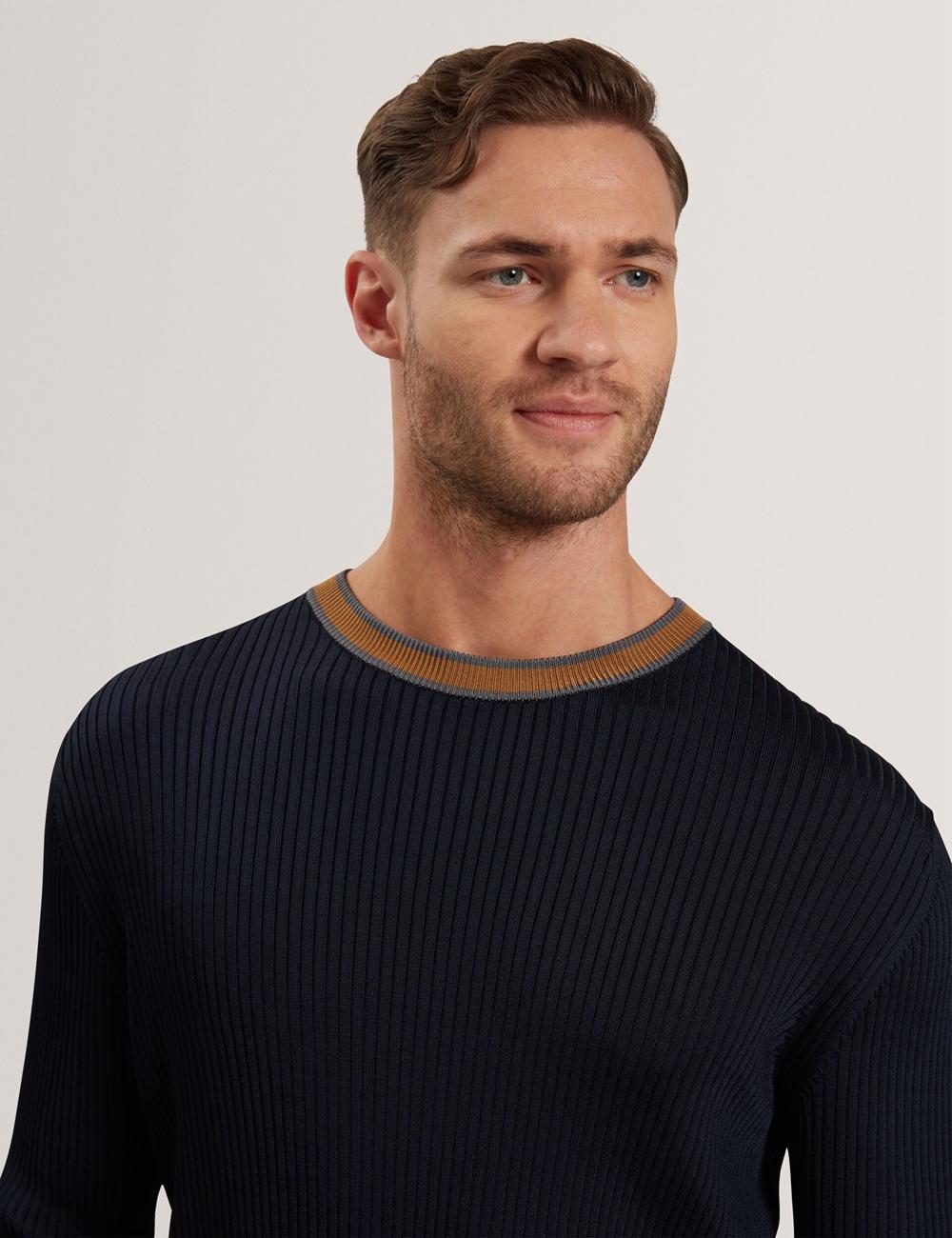 Ted Baker NAYOR - Long Sleeve Rayon Ribbed Crew Neck Jumpers Heren Donkerblauw | Belgium  479356-ZWR