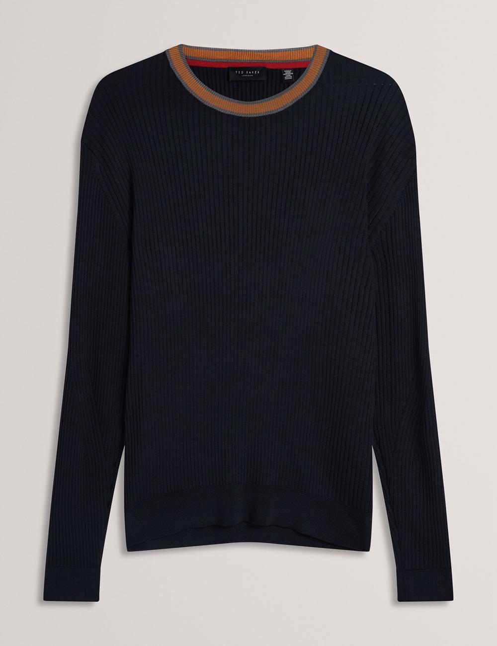 Ted Baker NAYOR - Long Sleeve Rayon Ribbed Crew Neck Jumpers Heren Donkerblauw | Belgium  479356-ZWR