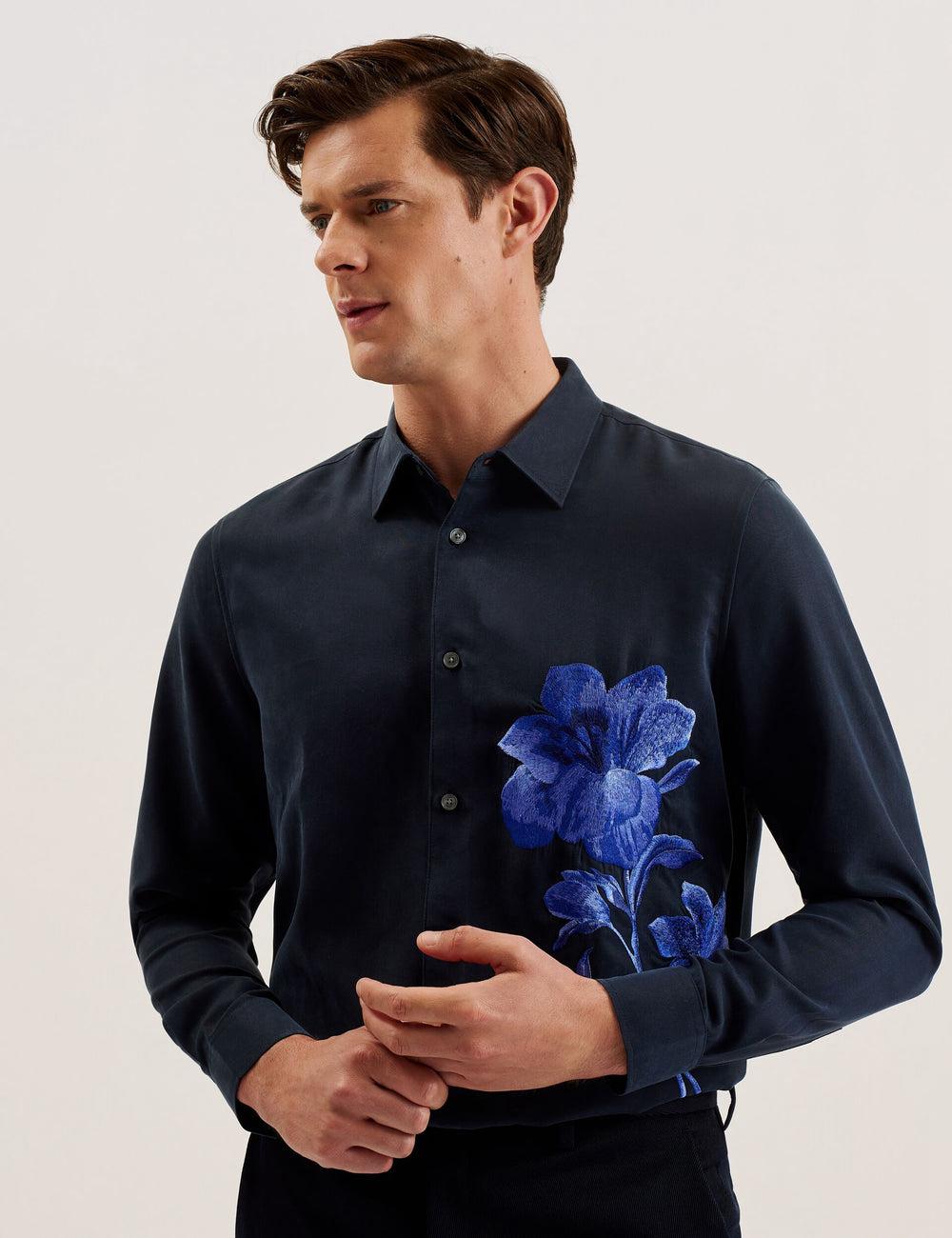Ted Baker NESSMEN - Embroidered Detail Relaxed Fit Overhemd Heren Donkerblauw | Belgium  946073-BVU