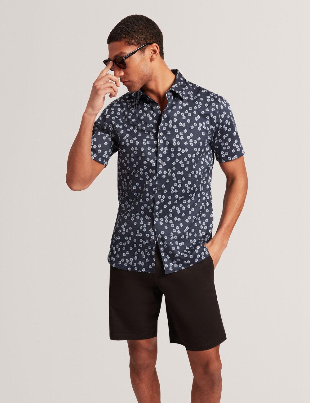 Ted Baker NIKSHO - Short Sleeve Slim Ditsy Floral Overhemd Heren Donkerblauw | Belgium  341207-SPF