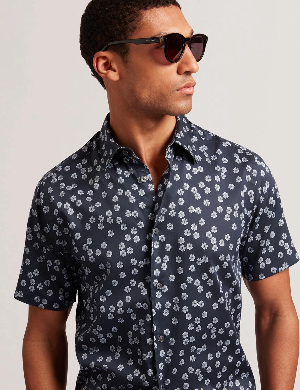 Ted Baker NIKSHO - Short Sleeve Slim Ditsy Floral Overhemd Heren Donkerblauw | Belgium  341207-SPF