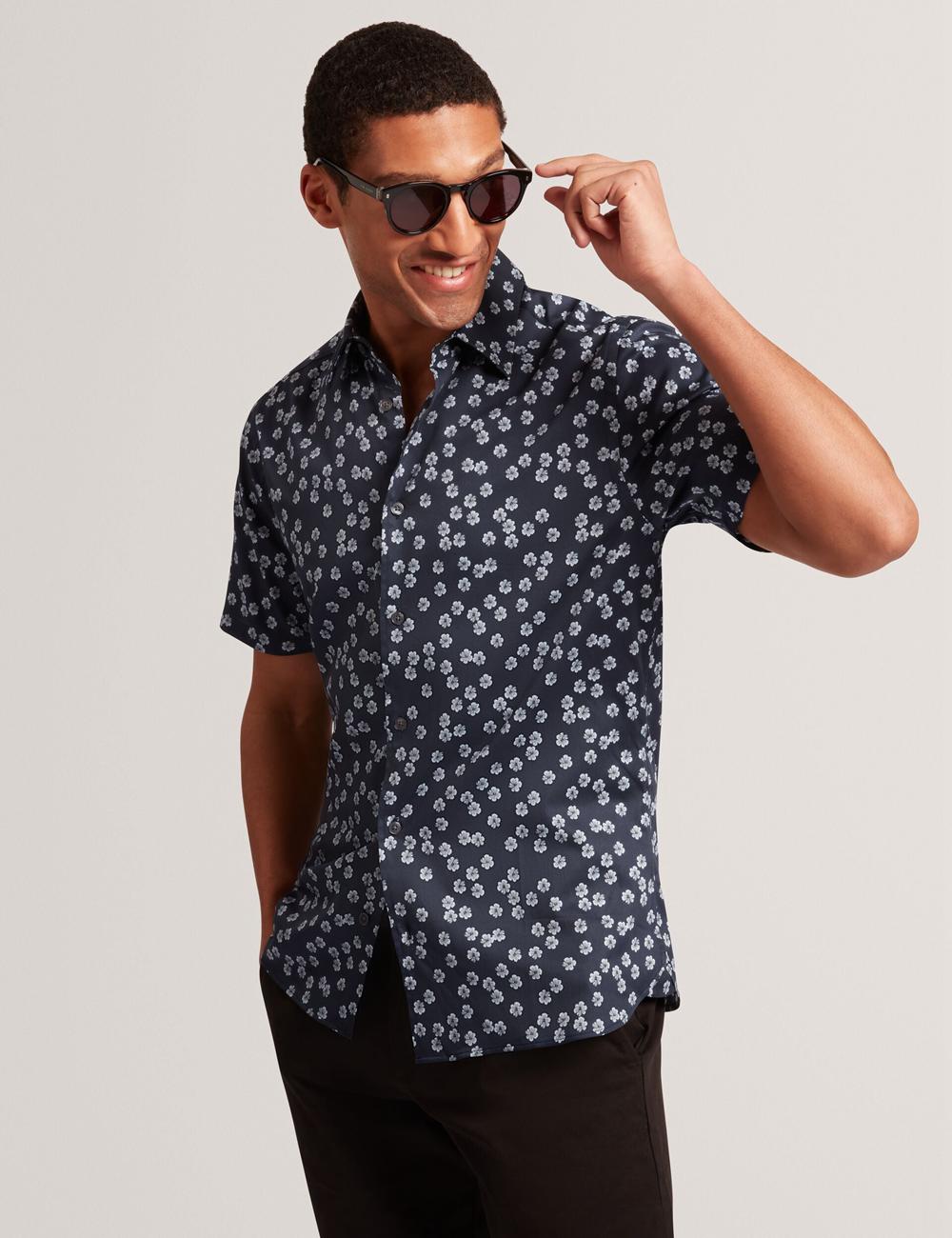 Ted Baker NIKSHO - Short Sleeve Slim Ditsy Floral Overhemd Heren Donkerblauw | Belgium  341207-SPF
