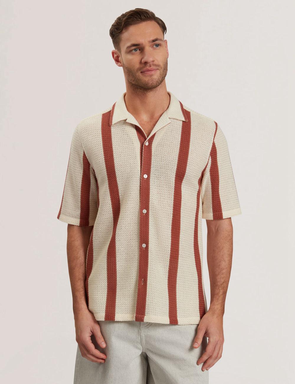 Ted Baker NIKS - Short Sleeve Stripe Crochet Oversized Overhemd Heren Taupe | Belgium  563018-XJR